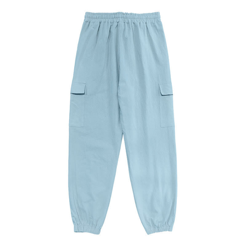 Pantalones cargo de lino con cordón y bolsillos para hombre, de color liso, con Buddha Stones - image 10