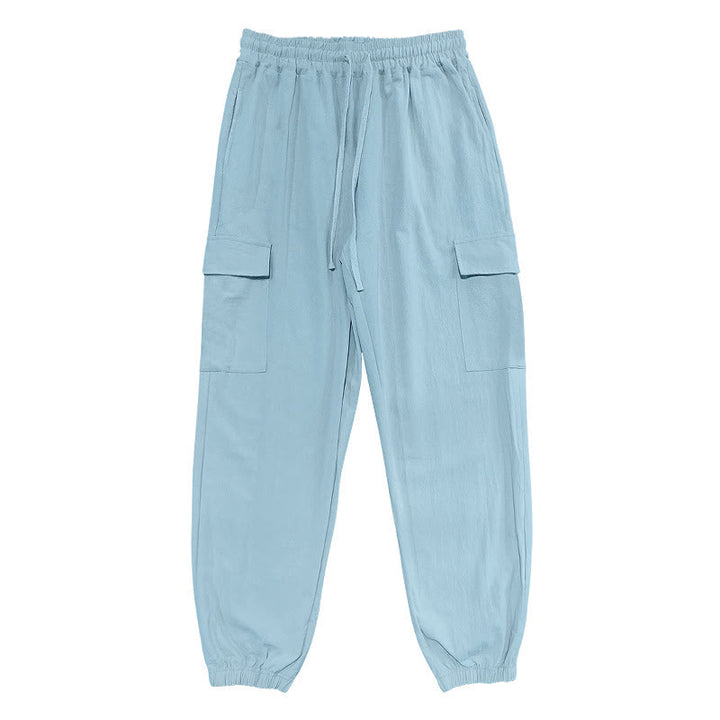 Pantalones cargo de lino con cordón y bolsillos para hombre, de color liso, con Buddha Stones - Azul cielo claro - US/UK/AU46, UE 56 (3XL) - image 9