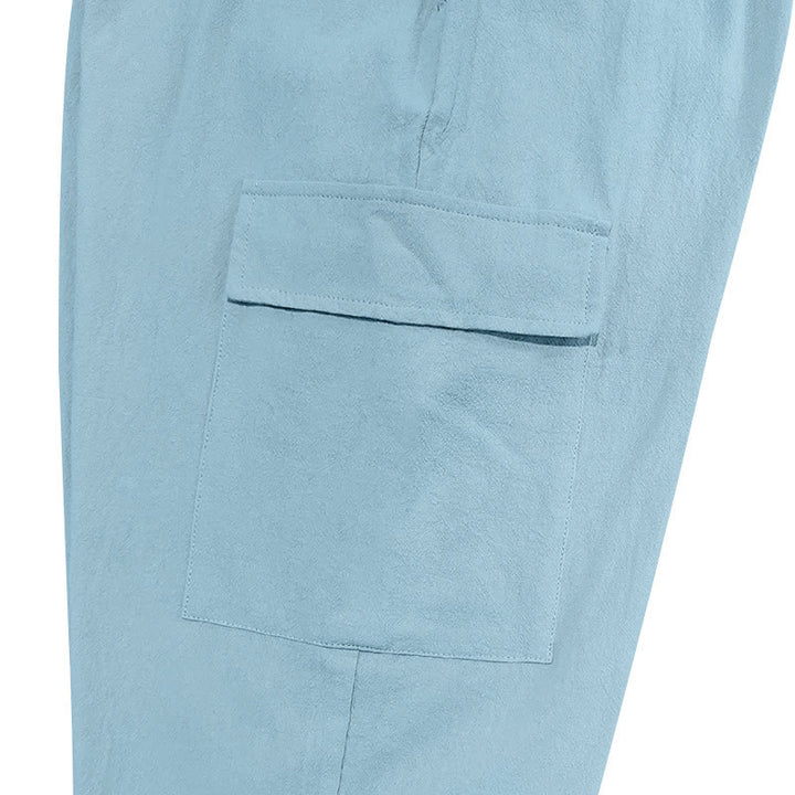 Pantalones cargo de lino con cordón y bolsillos para hombre, de color liso, con Buddha Stones - image 12