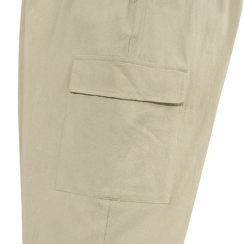 Pantalones cargo de lino con cordón y bolsillos para hombre, de color liso, con Buddha Stones - image 25
