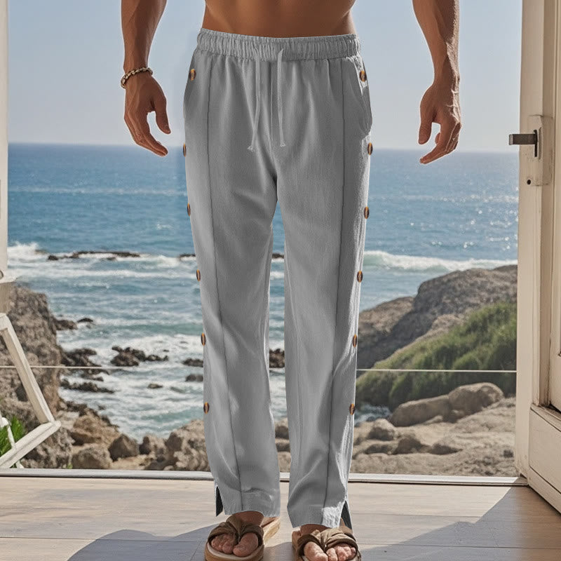 Pantalones de algodón para hombre con bolsillos y botones laterales de color liso con Buddha Stones - image 38