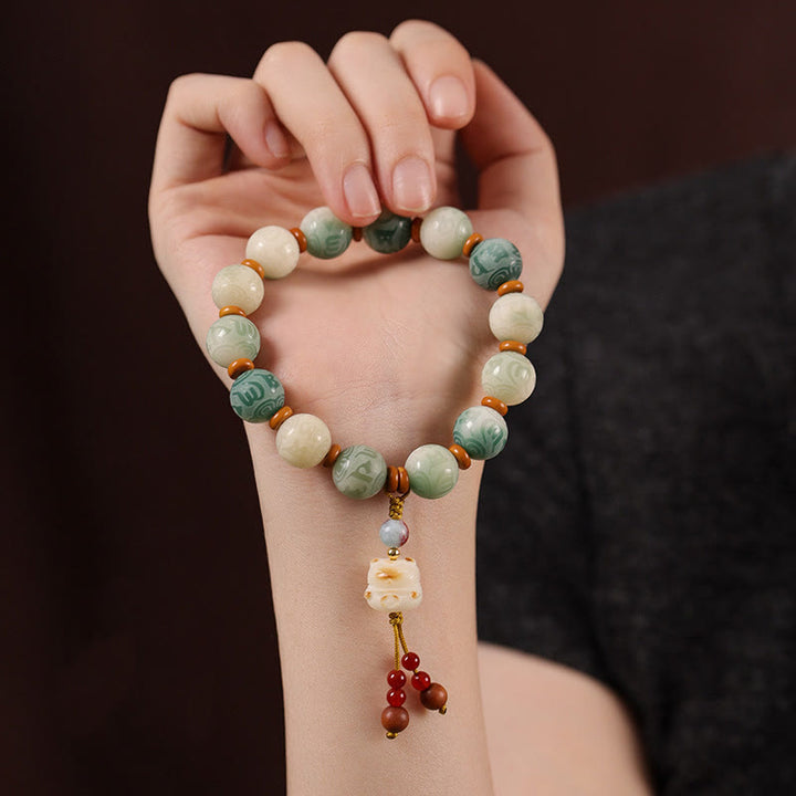 Pulsera de la paz con zakiram tallado con semillas de Bodhi y Om Mani Padme Hum en degradado de Buddha Stones - image 9