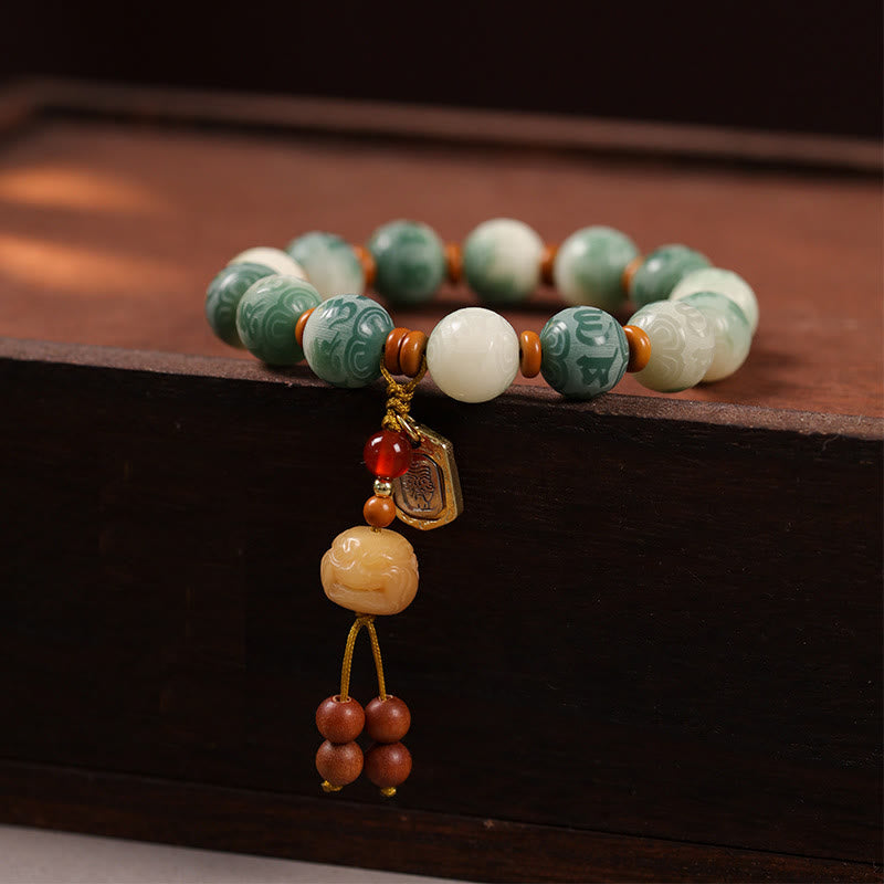 Pulsera de la paz con zakiram tallado con semillas de Bodhi y Om Mani Padme Hum en degradado de Buddha Stones - Semilla de Bodhi y Zakiram (circunferencia de la muñeca: 15-16 cm) - image 1