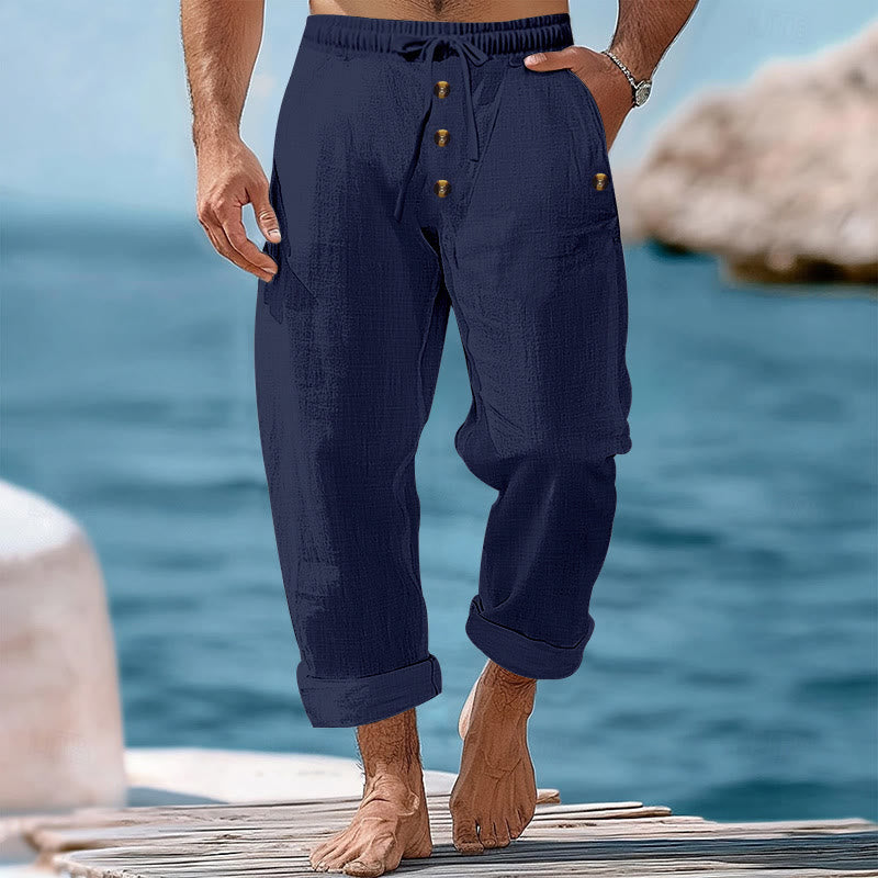 Pantalones de algodón para hombre con bolsillos y botones de color liso con cordón ajustable y Buddha Stones - Azul acero - US/UK/AU46, UE56 (3XL) - image 1