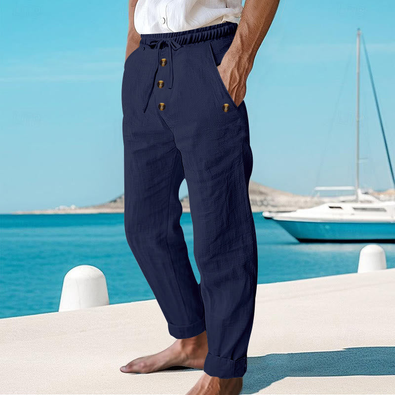 Pantalones de algodón para hombre con bolsillos y botones de color liso con cordón ajustable y Buddha Stones - image 2