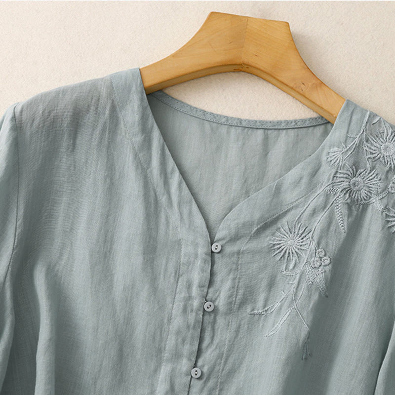 Camisa de algodón de manga tres cuartos para mujer con diseño de botones delanteros bordados con Buddha Stones  - image 3