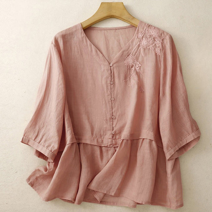 Camisa de algodón de manga tres cuartos para mujer con diseño de botones delanteros bordados con Buddha Stones  - image 21