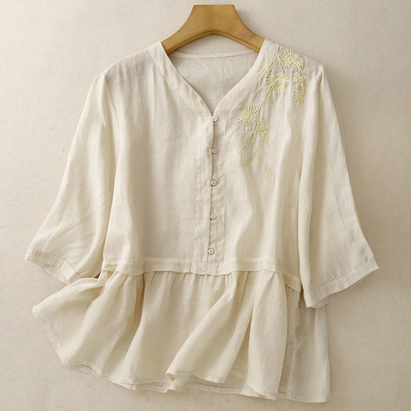 Camisa de algodón de manga tres cuartos para mujer con diseño de botones delanteros bordados con Buddha Stones  - image 12