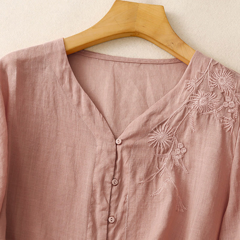 Camisa de algodón de manga tres cuartos para mujer con diseño de botones delanteros bordados con Buddha Stones  - image 24