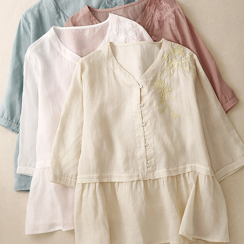 Camisa de algodón de manga tres cuartos para mujer con diseño de botones delanteros bordados con Buddha Stones  - image 28