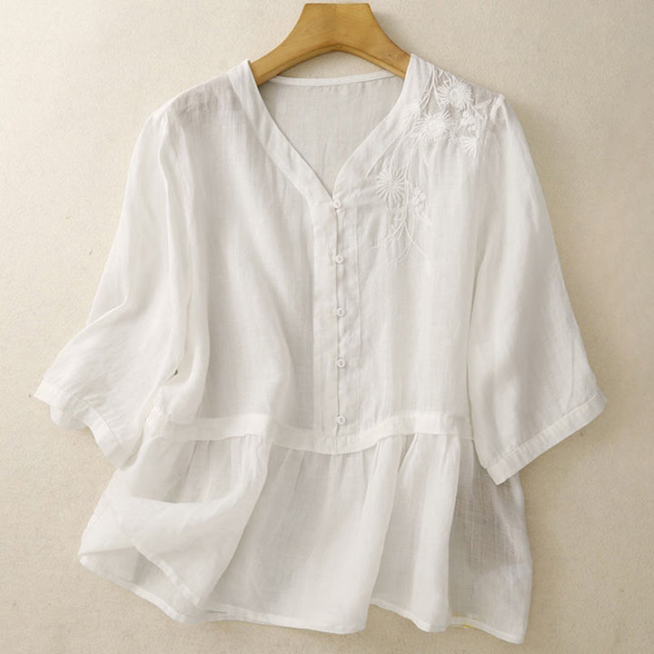 Camisa de algodón de manga tres cuartos para mujer con diseño de botones delanteros bordados con Buddha Stones  - image 6