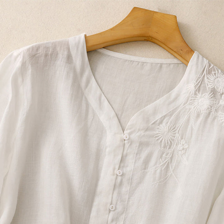 Camisa de algodón de manga tres cuartos para mujer con diseño de botones delanteros bordados con Buddha Stones  - image 10