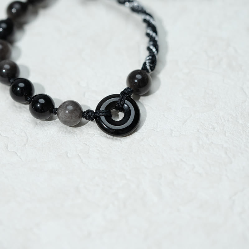 Buddha Stones Pulsera de cuerda negra purificadora con hebilla de paz de obsidiana negra natural - image 5