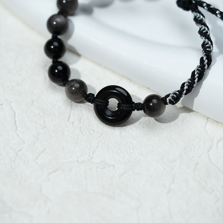 Buddha Stones Pulsera de cuerda negra purificadora con hebilla de paz de obsidiana negra natural - image 9