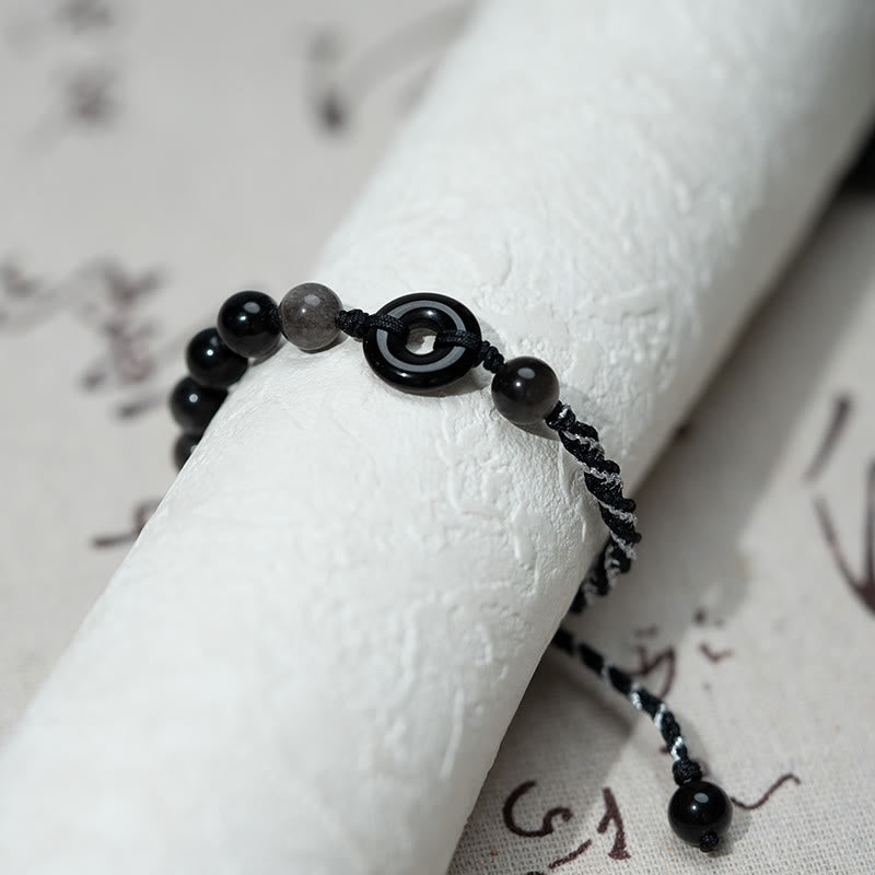Buddha Stones Pulsera de cuerda negra purificadora con hebilla de paz de obsidiana negra natural - image 3