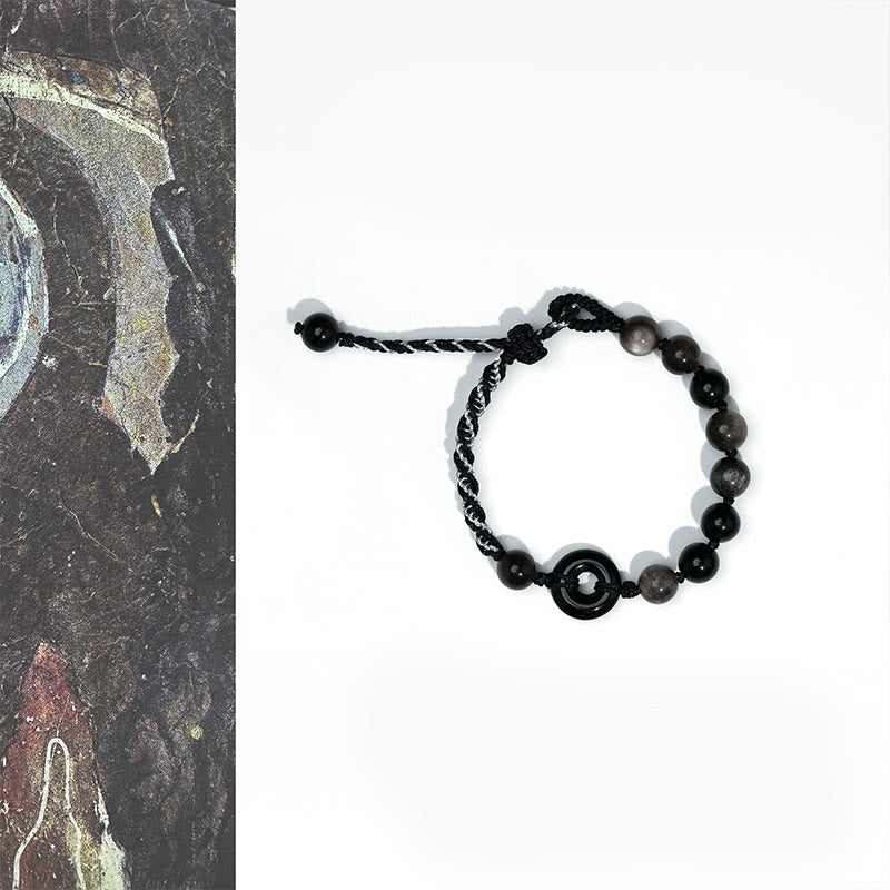 Buddha Stones Pulsera de cuerda negra purificadora con hebilla de paz de obsidiana negra natural - Hebilla de la Paz de Obsidiana Negra (Circunferencia de la muñeca: 15-22 cm) - image 1
