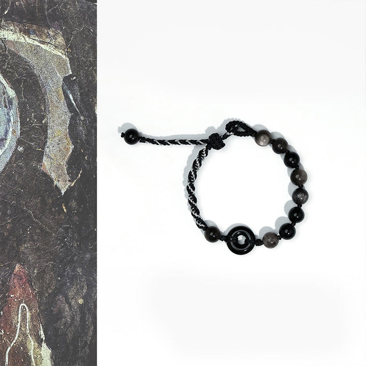Buddha Stones Pulsera de cuerda negra purificadora con hebilla de paz de obsidiana negra natural - Hebilla de la Paz de Obsidiana Negra (Circunferencia de la muñeca: 15-22 cm) - image 1