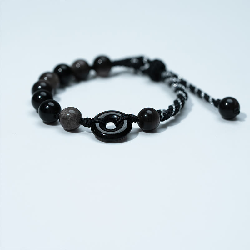 Buddha Stones Pulsera de cuerda negra purificadora con hebilla de paz de obsidiana negra natural - image 2