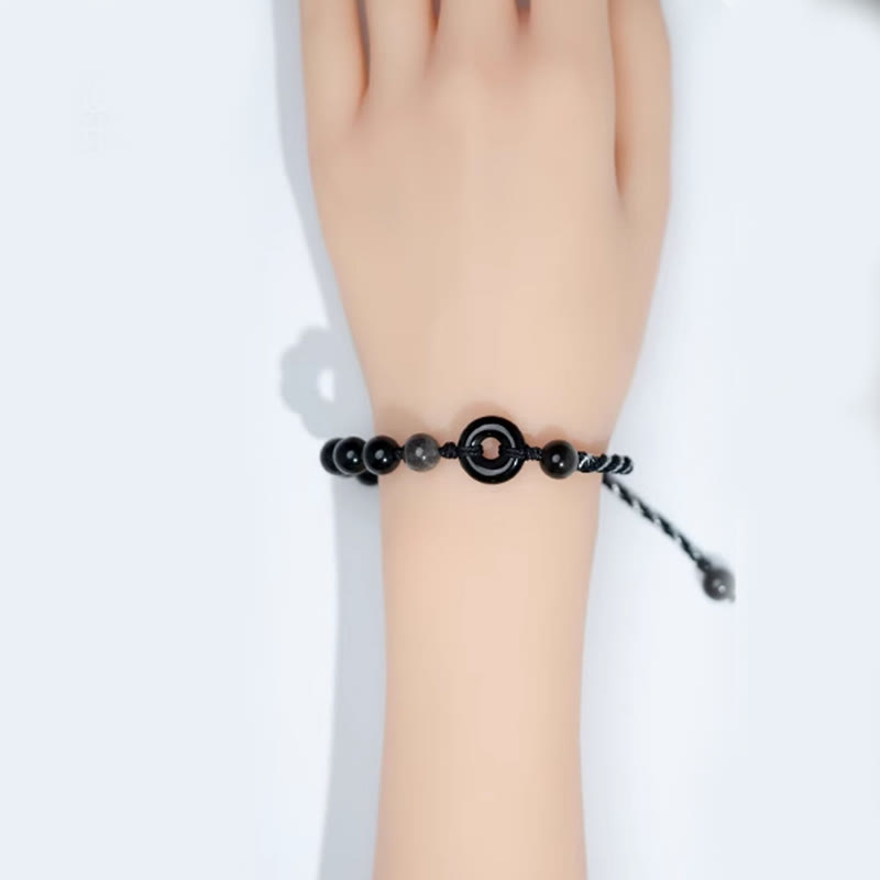 Buddha Stones Pulsera de cuerda negra purificadora con hebilla de paz de obsidiana negra natural - image 4