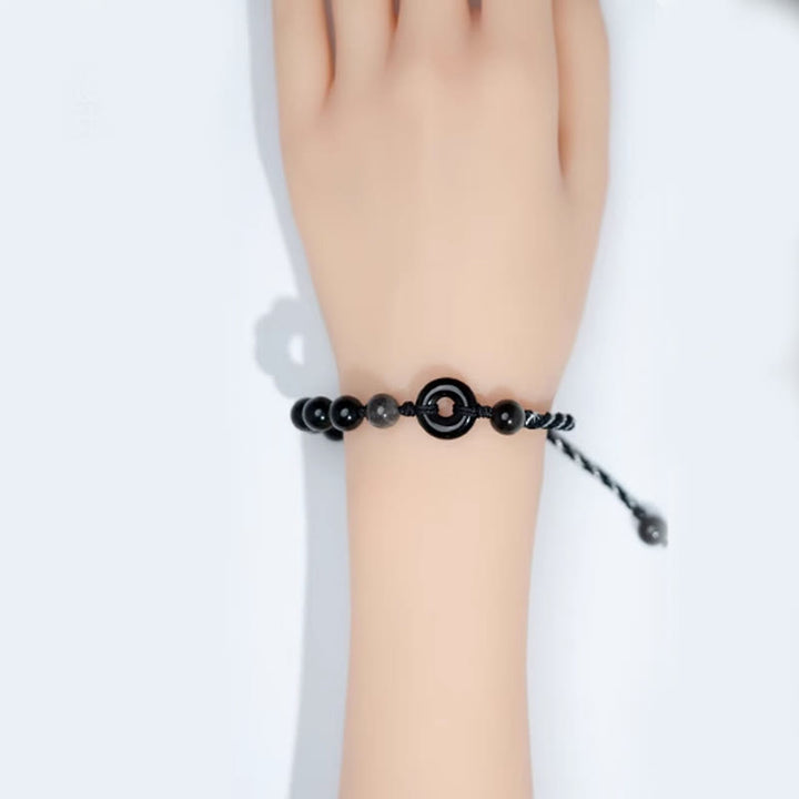 Buddha Stones Pulsera de cuerda negra purificadora con hebilla de paz de obsidiana negra natural - image 4