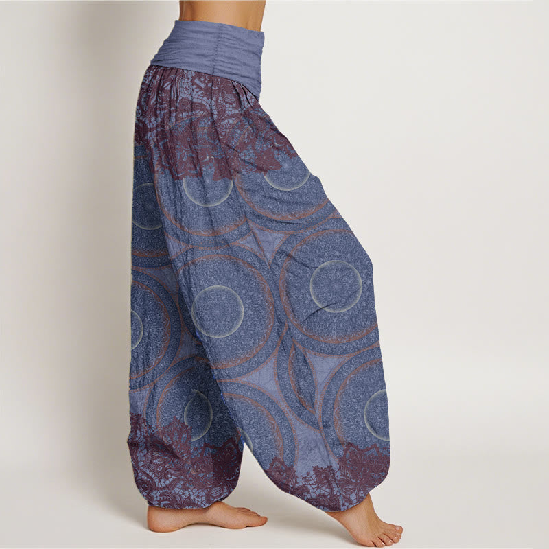 Buddha Stones harén de algodón puro con diseño de brújula y flores para mujer, estilo casual, con cintura elástica
