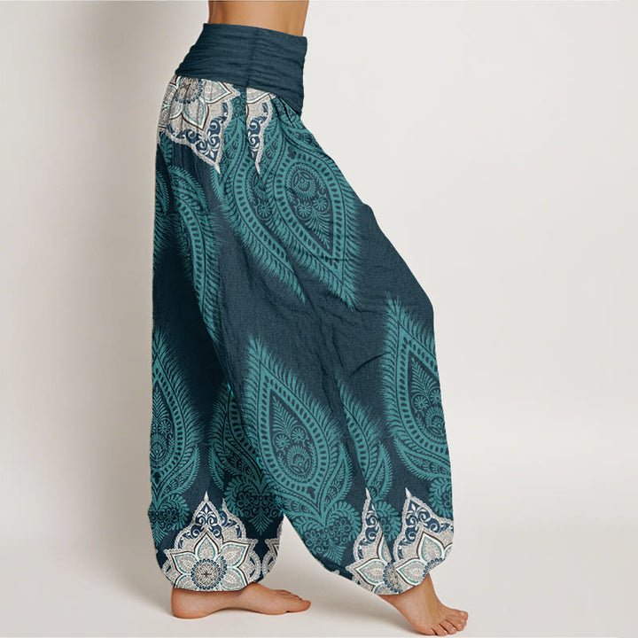 Pantalones Buddha Stones de algodón puro con diseño floral y plumas para mujer, cintura elástica