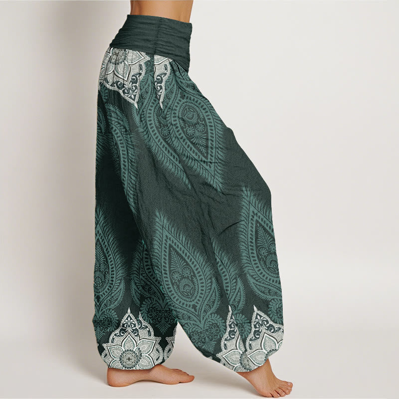 Pantalones Buddha Stones de algodón puro con diseño floral y plumas para mujer, cintura elástica