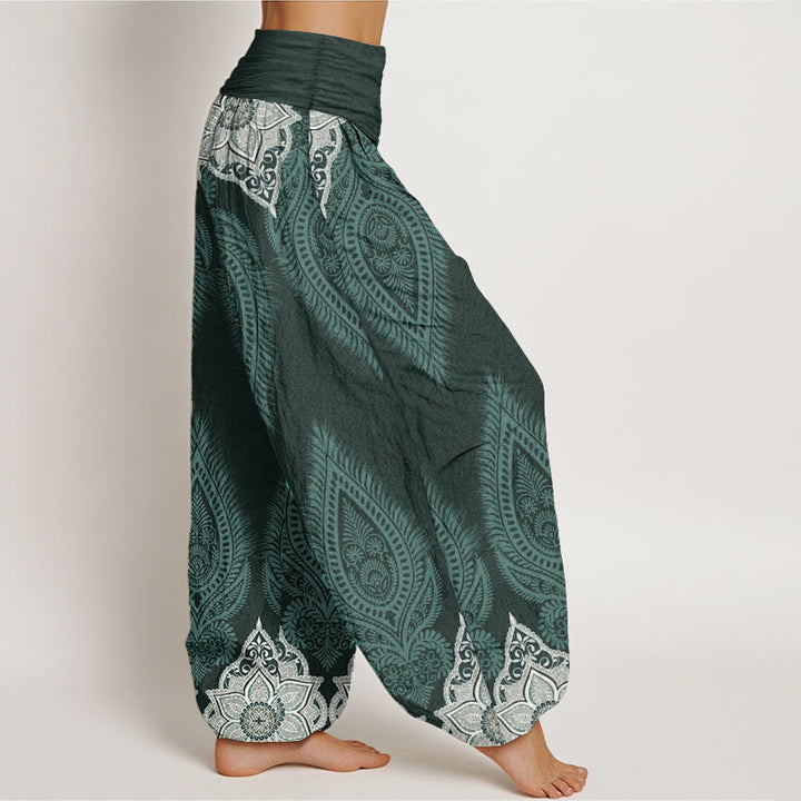 Pantalones Buddha Stones de algodón puro con diseño floral y plumas para mujer, cintura elástica