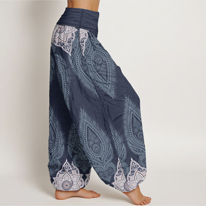 Pantalones Buddha Stones de algodón puro con diseño floral y plumas para mujer, cintura elástica