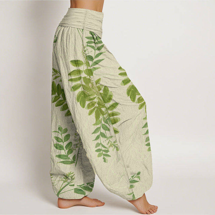 Pantalones Buddha Stones de algodón puro con diseño de hojas verdes y ramas para mujer, con cintura elástica