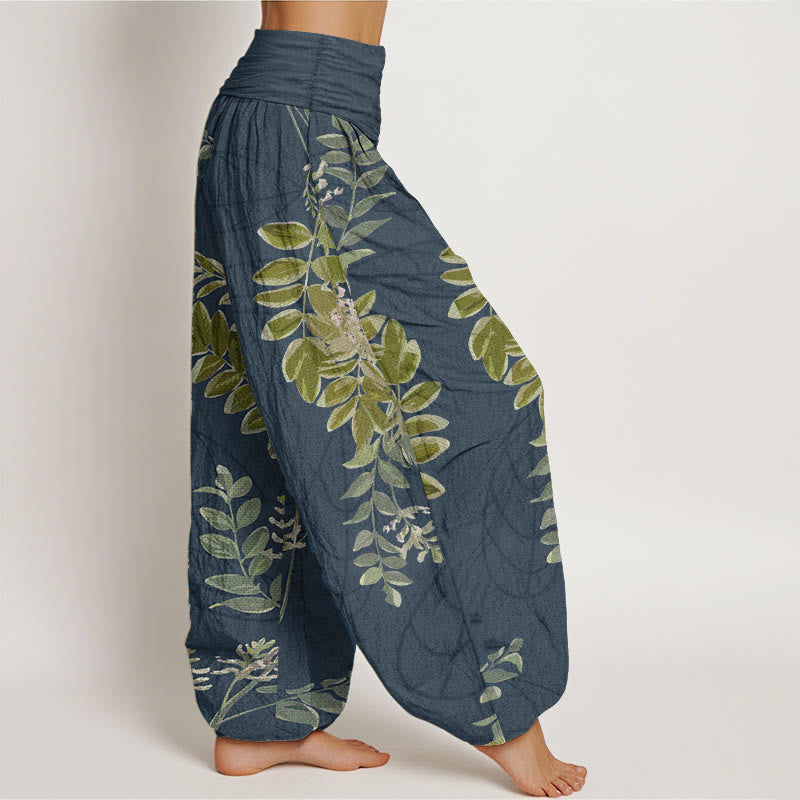 Pantalones Buddha Stones de algodón puro con diseño de hojas verdes y ramas para mujer, con cintura elástica