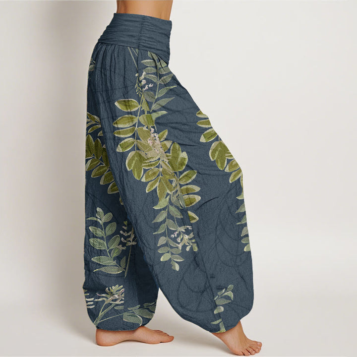Pantalones Buddha Stones de algodón puro con diseño de hojas verdes y ramas para mujer, con cintura elástica