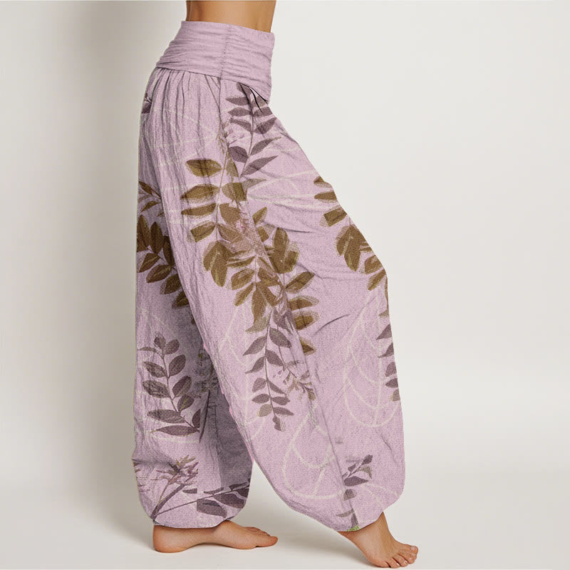 Pantalones Buddha Stones de algodón puro con diseño de hojas verdes y ramas para mujer, con cintura elástica