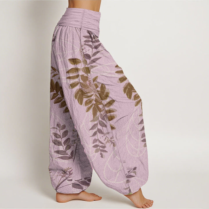 Pantalones Buddha Stones de algodón puro con diseño de hojas verdes y ramas para mujer, con cintura elástica