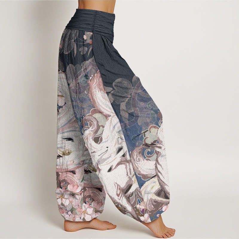 Pantalones Buddha Stones de algodón puro con estampado de zorro y flores de cerezo para mujer, con cintura elástica - image 1