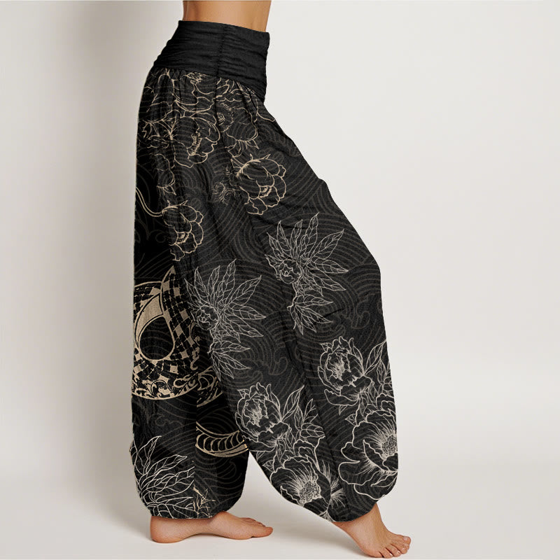 Pantalones harén de cintura elástica para mujer con diseño de serpiente y loto de algodón puro Buddha Stones - image 1