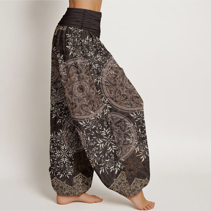 Pantalones harén de algodón puro con estampado de mandalas y Buddha Stones para mujer, con cintura elástica