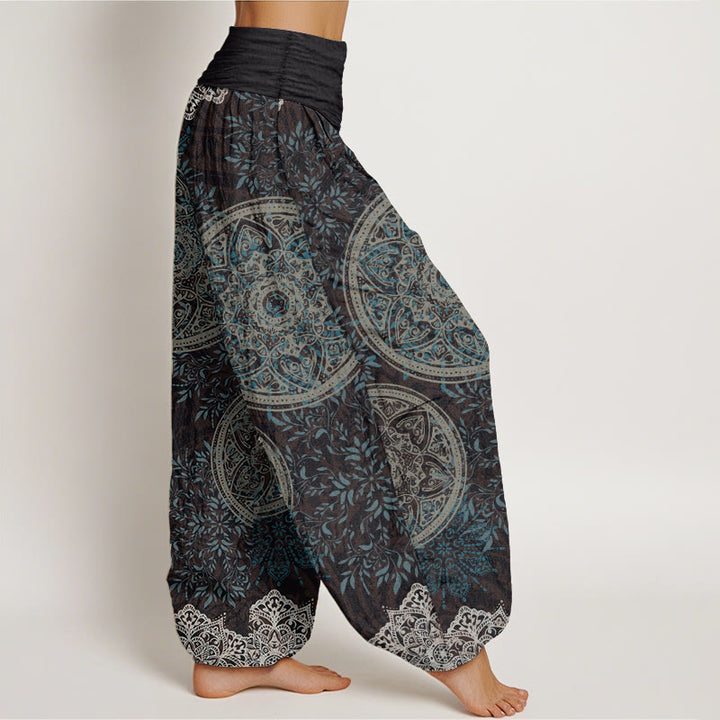 Pantalones harén de algodón puro con estampado de mandalas y Buddha Stones para mujer, con cintura elástica