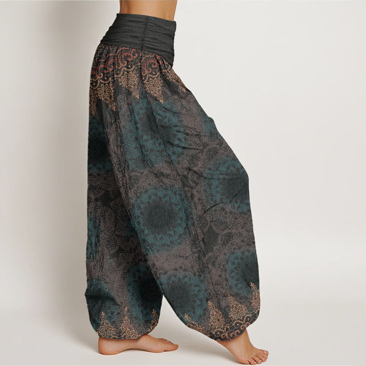 Pantalones Buddha Stones de algodón puro con estampado de mandalas triangulares para mujer, cintura elástica