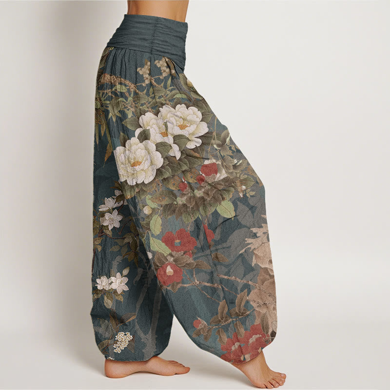 Pantalones Buddha Stones de algodón puro con estampado de flores de peonía y hojas de urraca para mujer, cintura elástica - image 1