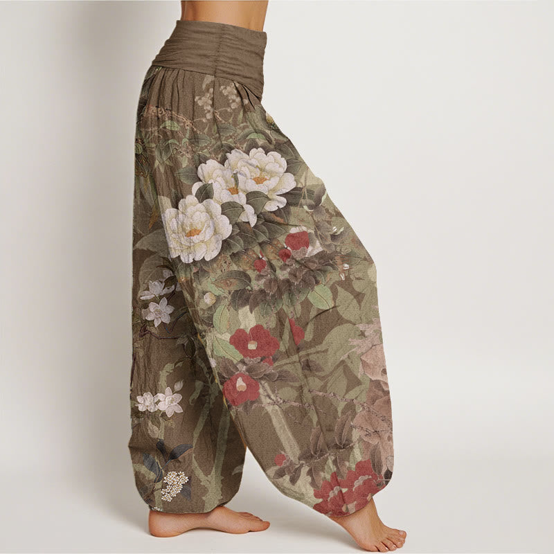 Pantalones Buddha Stones de algodón puro con estampado de flores de peonía y hojas de urraca para mujer, cintura elástica