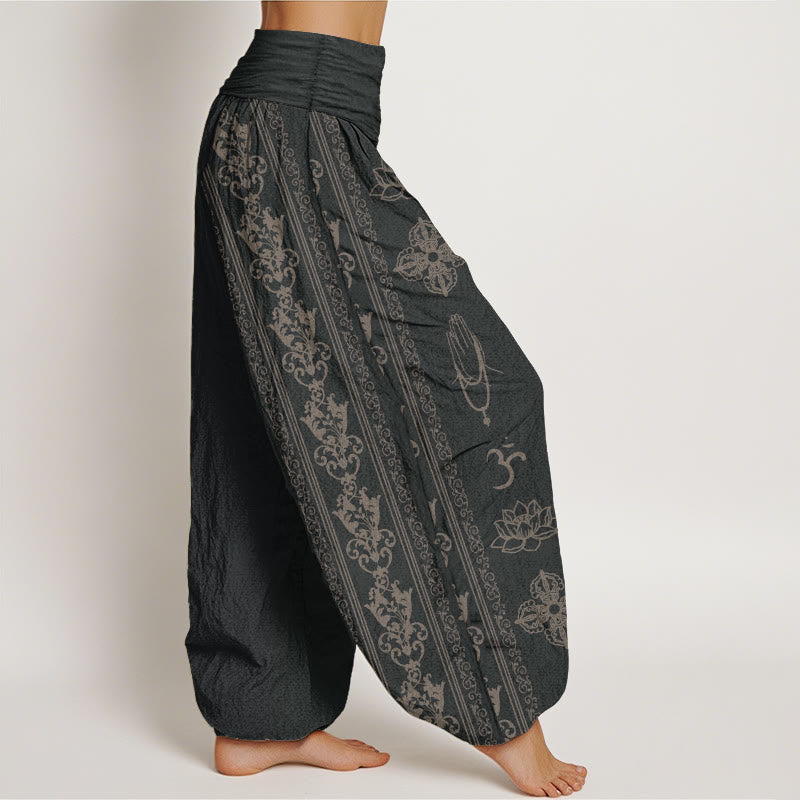 Pantalones Buddha Stones de algodón puro con diseño de flores de loto, doble dorje, vajra, Namaste y Om, con cintura elástica para mujer - image 2