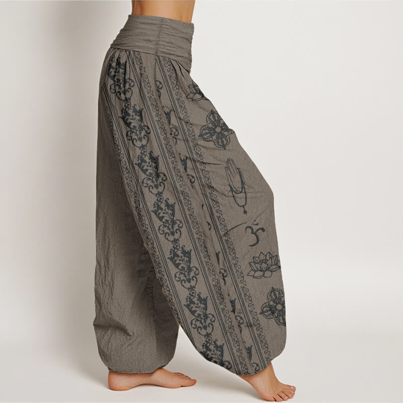 Pantalones Buddha Stones de algodón puro con diseño de flores de loto, doble dorje, vajra, Namaste y Om, con cintura elástica para mujer - image 9