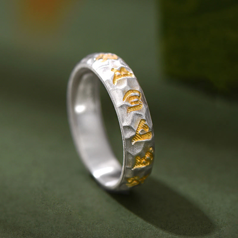 Anillo de equilibrio Om Mani Padme Hum con diseño de martillo de plata de ley 999 y Buddha Stones - Plata (5 mm) - image 0