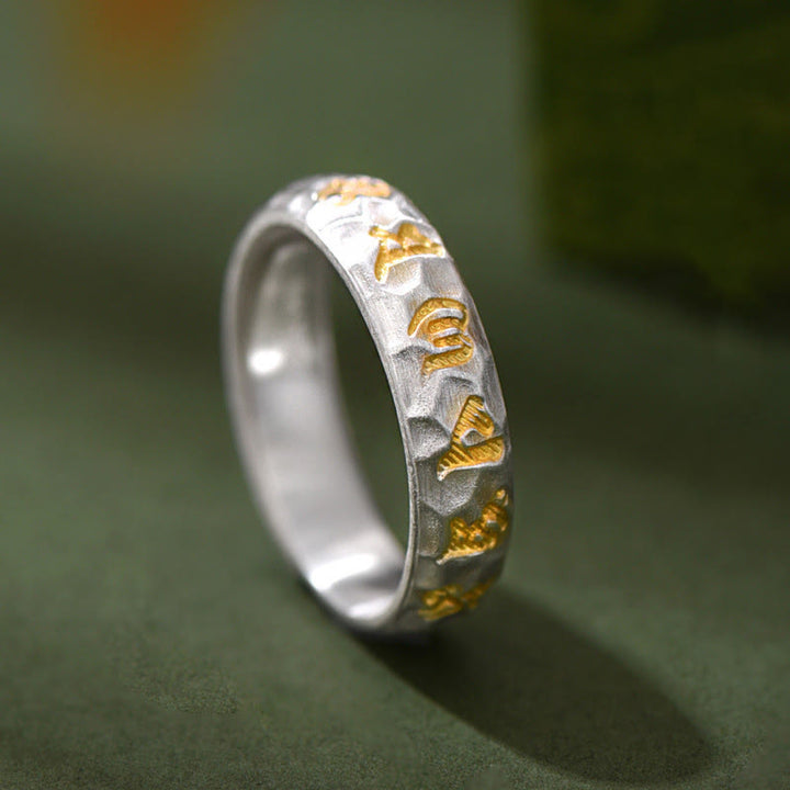 Anillo de equilibrio Om Mani Padme Hum con diseño de martillo de plata de ley 999 y Buddha Stones - Plata (5 mm) - image 0