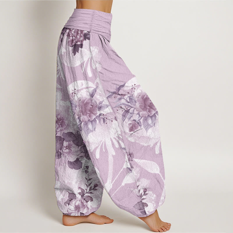 Pantalones harén de cintura elástica para mujer con diseño de flores de algodón puro y hojas blancas de Buddha Stones - image 10