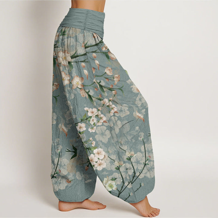 Pantalones harén de algodón puro con estampado de gansos voladores y flores de melocotón de Buddha Stones para mujer, cintura elástica - image 2