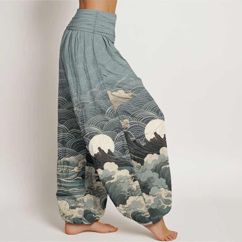 Pantalones Buddha Stones de algodón puro con estampado de ondas, luna y montaña para mujer, cintura elástica - image 7