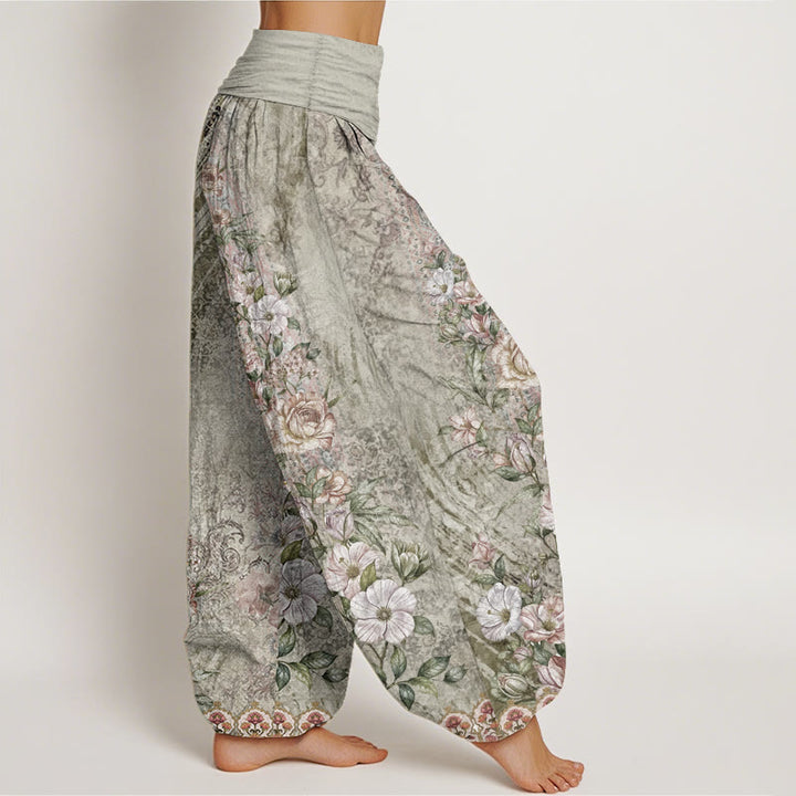 Pantalones Buddha Stones de algodón puro con estampado floral étnico y tótem para mujer, cintura elástica