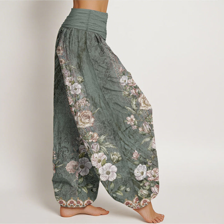 Pantalones Buddha Stones de algodón puro con estampado floral étnico y tótem para mujer, cintura elástica